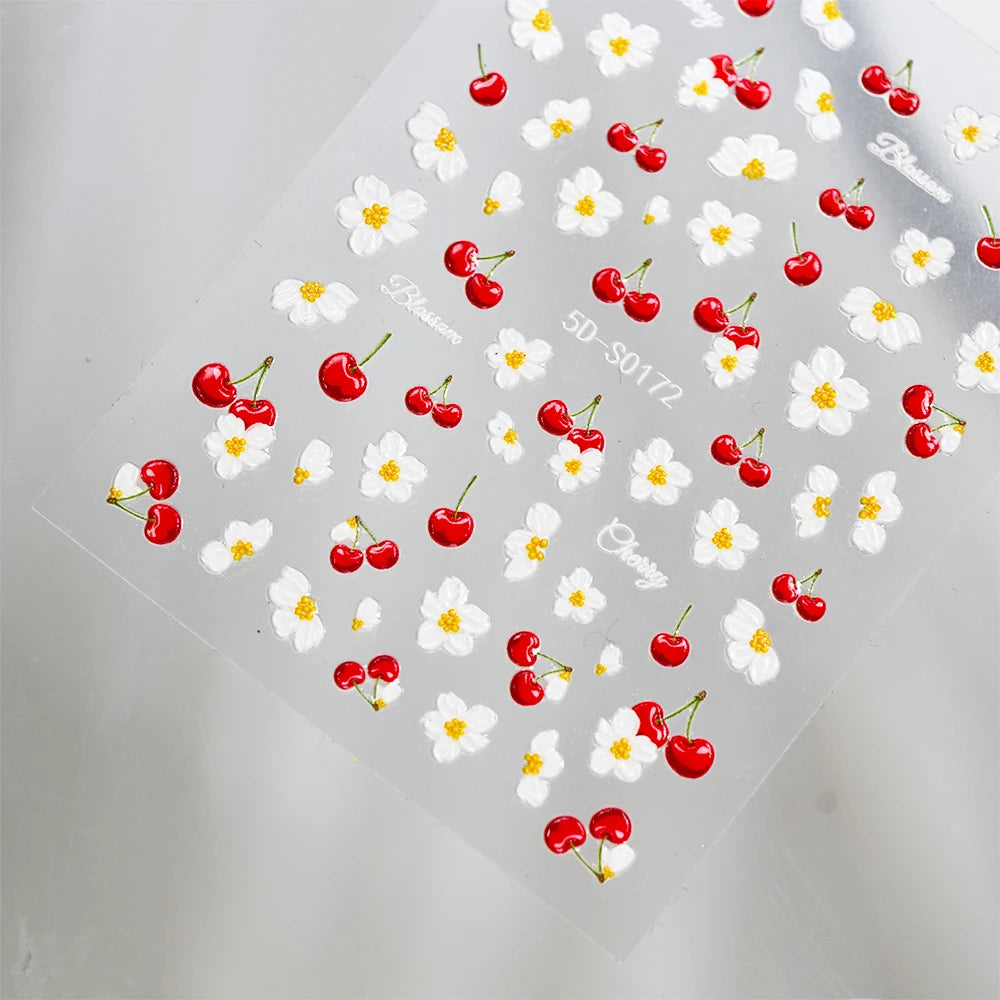 5D Frische Kirschblüten Nagelaufkleber Geprägte Frühlings-Blumen- und Fruchtdesigns DIY Süße Maniküre-Dekorationen