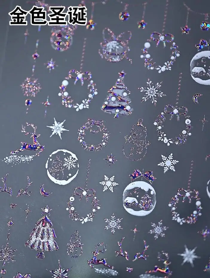 5D Goldprägung Schleife Ball Hirsch Weihnachten Nagelaufkleber Glänzender Kranz Weihnachtsbaum Kristall Nagelaufkleber Winter Nageldekoration