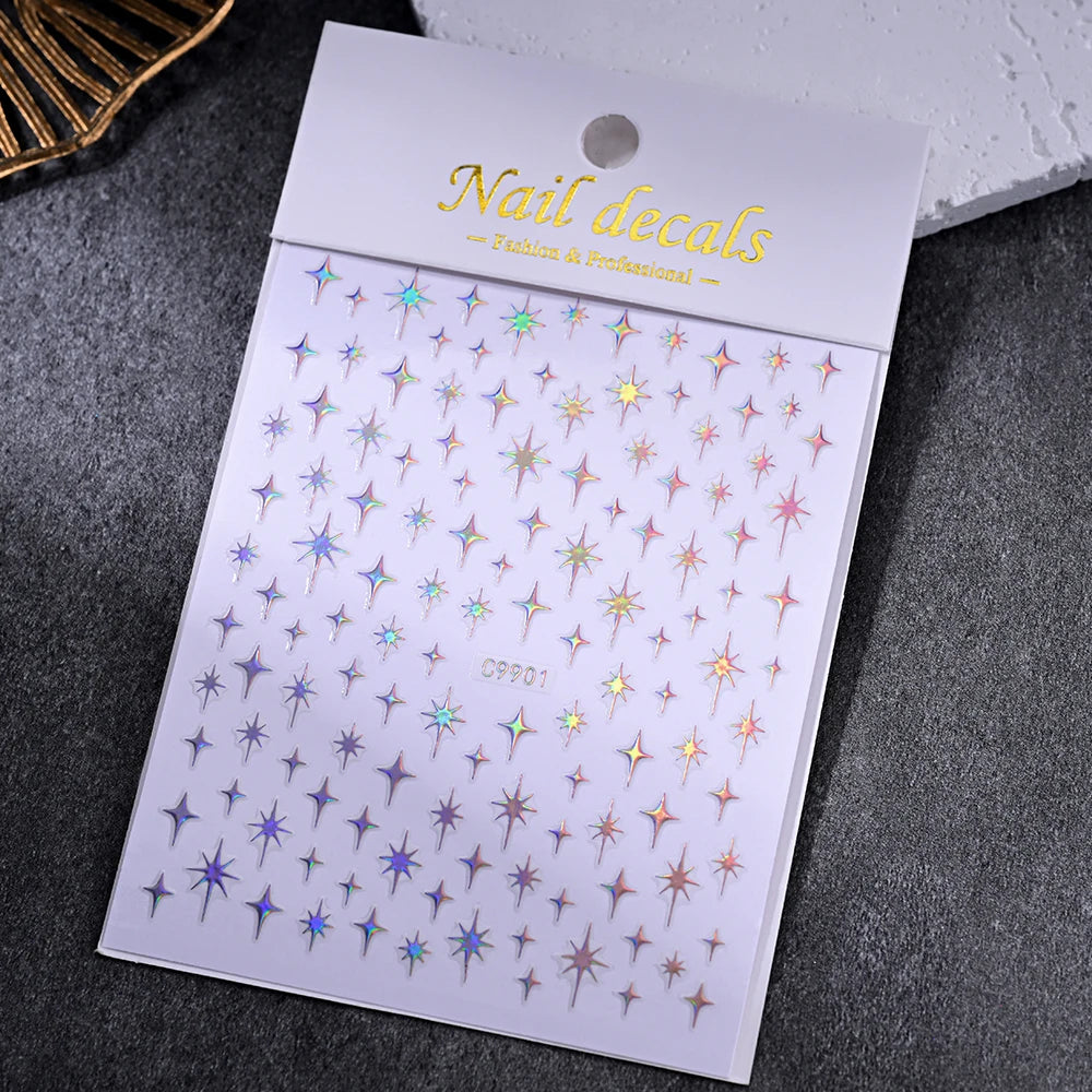 1 Stück 5D Laser Silber eingelegter Diamant Stern Nail Art Aufkleber Vierzackige Sterne Klebstoff Relief Slider Y2K Sternenlicht Maniküre Aufkleber