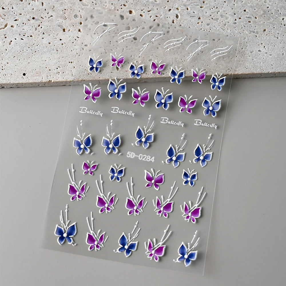 1 Stück 5D geprägte Lavendelblume Nagelaufkleber Frühling Blumenblätter selbstklebende Schieber Rose Schmetterling Aufkleber Maniküre Dekoration