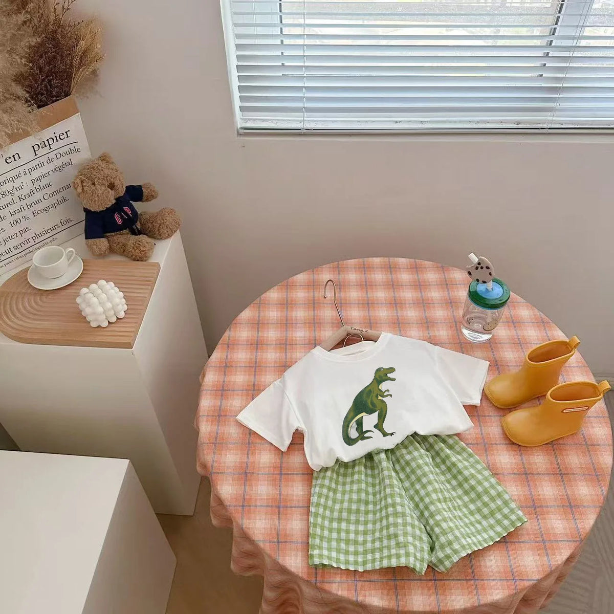 2Pcs Baby Kleidung Set Neugeborenen Jungen Casual Dinosaurier Druck Kurzarm T-shirt + karierten Shorts Kleinkind Mädchen Sommer Kinder outfit Set