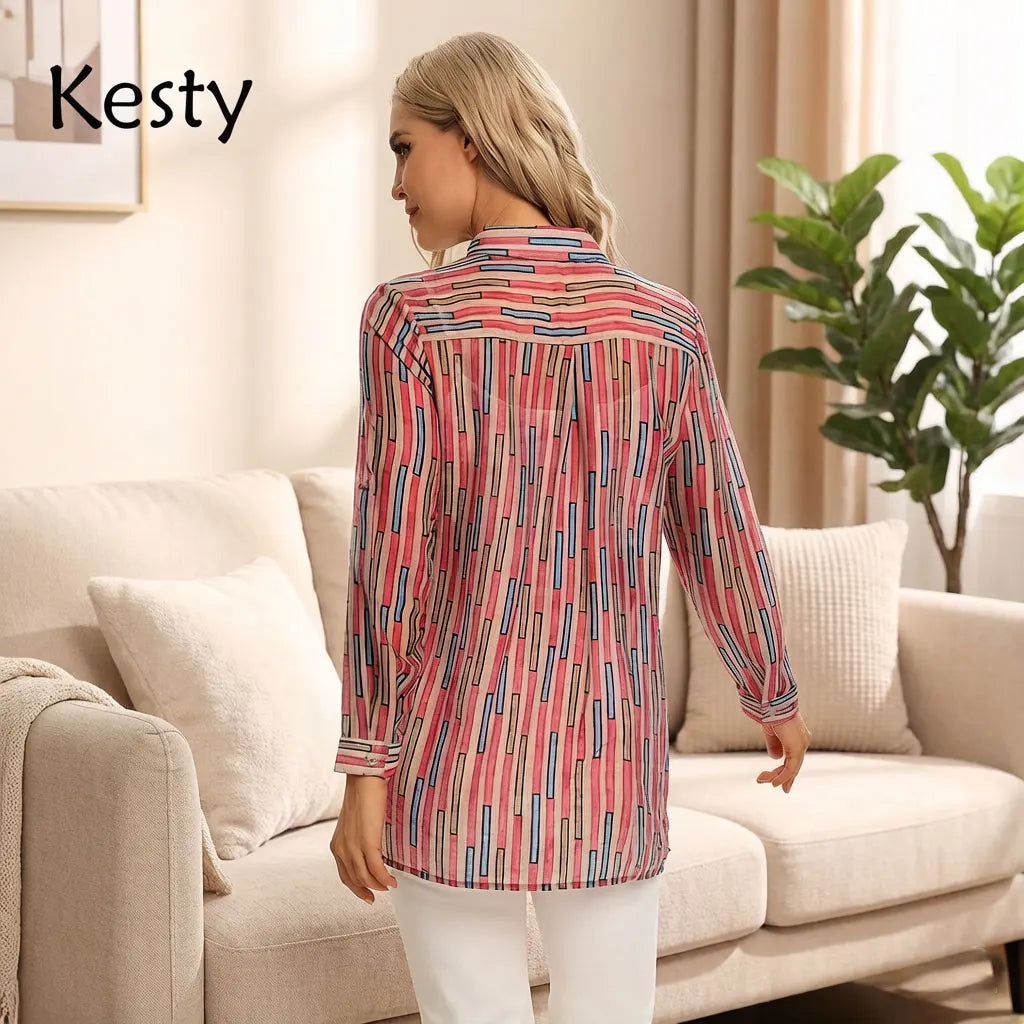 Damen-Hemd mit Streifenmuster, rosa Farbblock, langärmlig, Button-Down-Bluse mit Tasche, lockere Passform, lässig, für das Büro