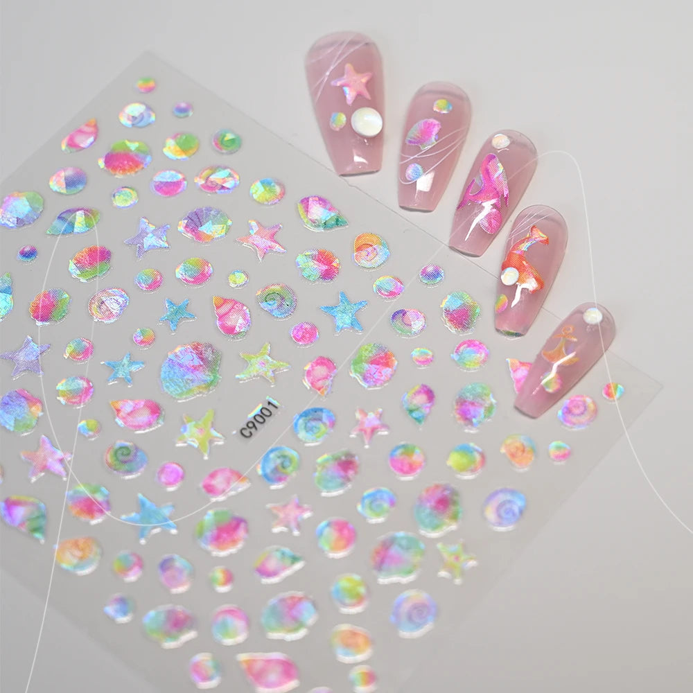 Bunte Blasen Laser Shattered Glass Effect Nail Art Aufkleber Regenbogen Bagful Goldfish 5D Aufkleber Selbstklebende Maniküre Sliders