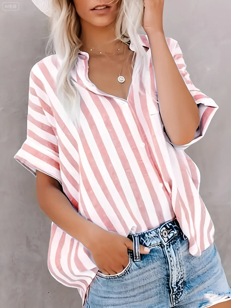 Neueste Mode Damen Sommer-Outfits Lässiges Kurzarm-Hemd mit Vertikalen Streifen Knopfleiste Umlegekragen Lose Bluse Tops