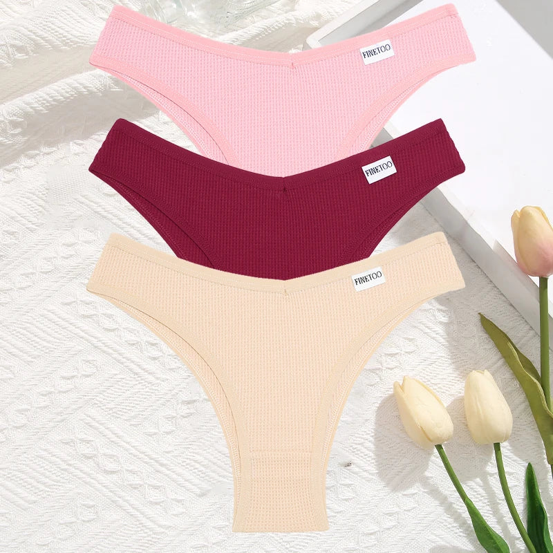 3 Teile/satz Frauen Sexy Waffel Plaid Baumwolle Brasilianische Höschen Niedrige Taille V Form Bikini Unterwäsche Weiche Atmungsaktive Weibliche Dessous