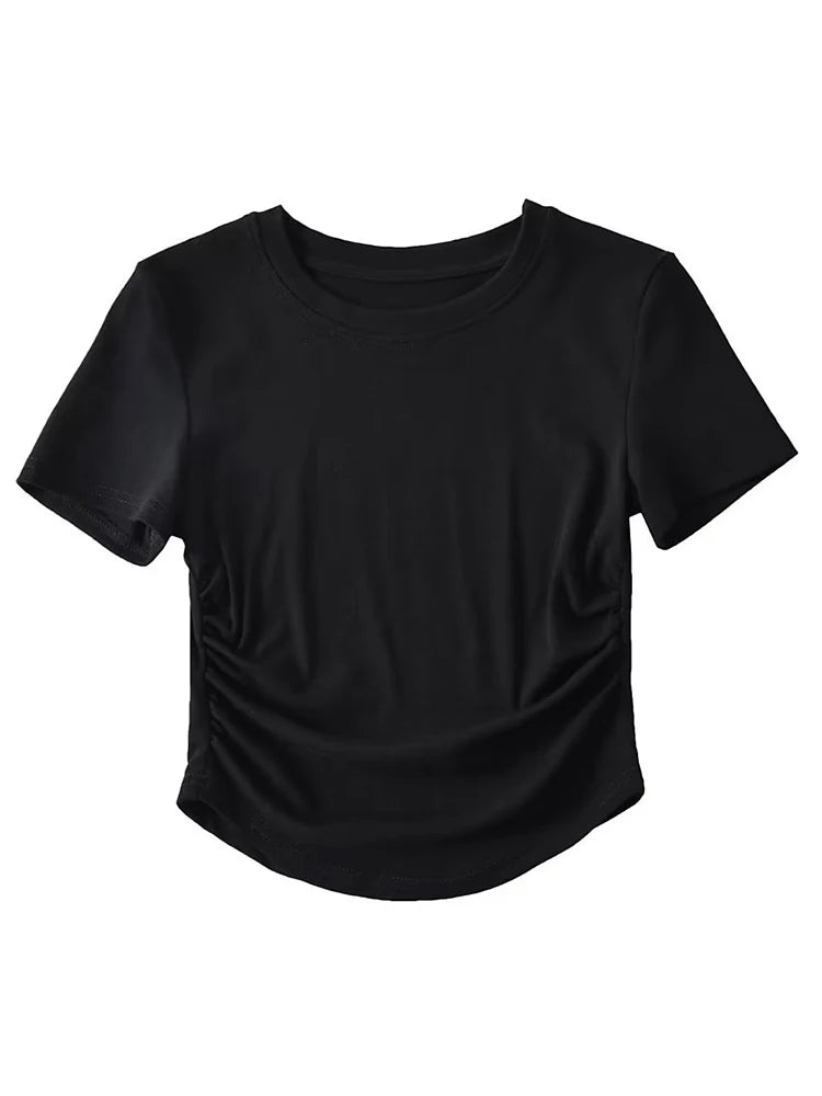 Harajuku Damen-T-Shirt aus Baumwolle mit Rundhalsausschnitt und gerüschten Seitendetails