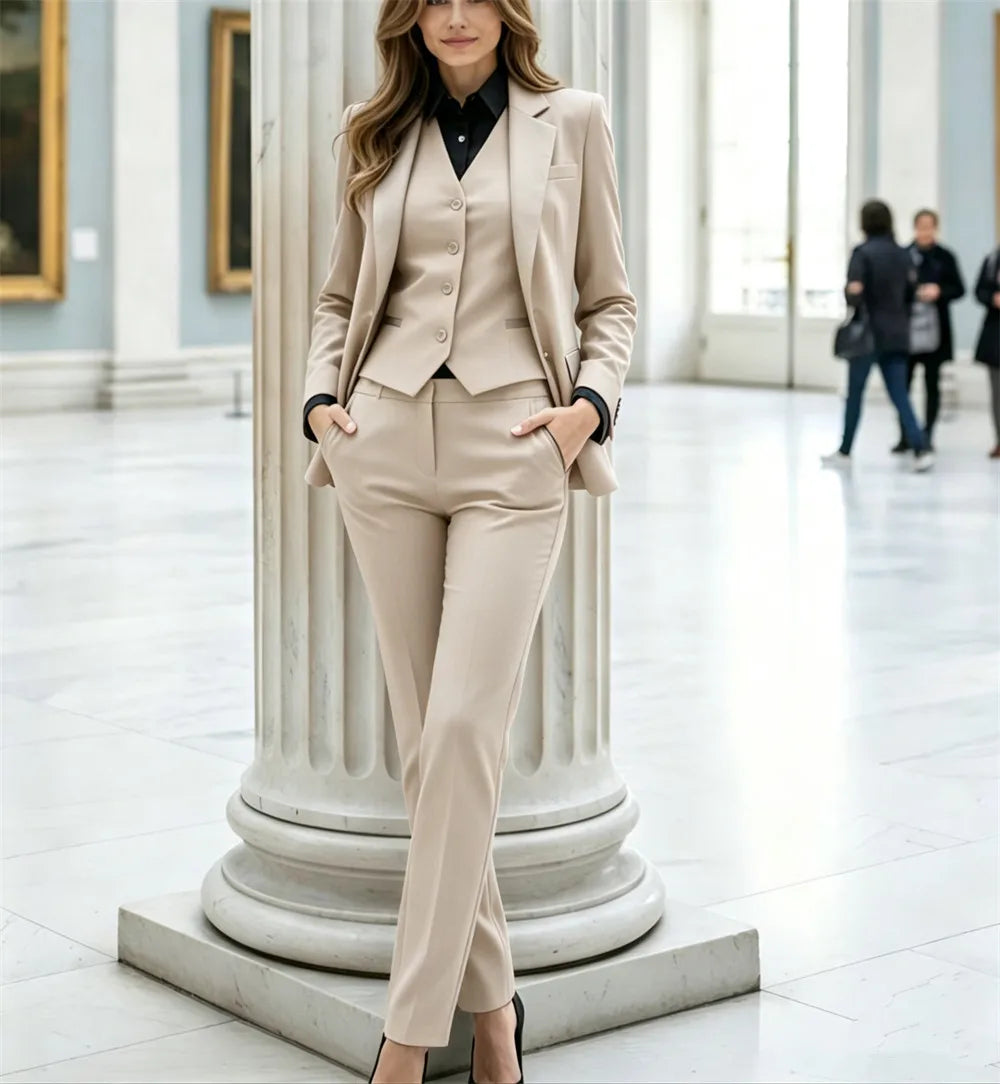 Beige Damenanzüge, 3-teiliger Damenanzug, Bürokleidung, Traje Mujer, eleganter Hosenanzug im Smoking-Stil, Business-Anzug