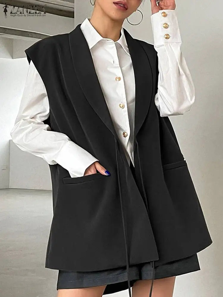Zanzea übergroße Out wears 2024 Frauen ärmellose Weste Mode Revers Kragen Weste elegante Schnürung Blazer koreanische Tank Jacken