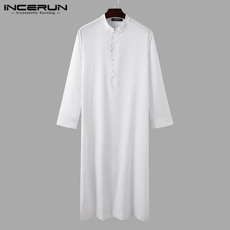 INCERUN Muslimische Männer Jubba Thobe Solide 2024 Langarm Dünne Roben Kaftan Stehkragen Islamische Arabische Mode Männer Kaftan S-5XL
