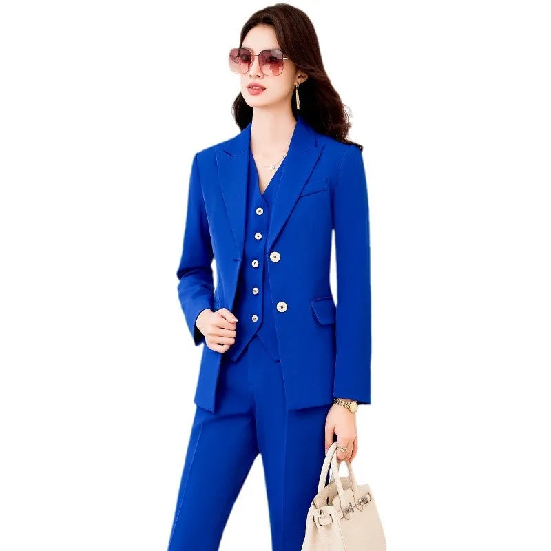 Modischer königsblauer Damen-Blazeranzug im 3-teiligen Set mit Weste und hochtaillierter Hose, langärmlig, einfarbig, Bürokleidung, Damen-Outfit