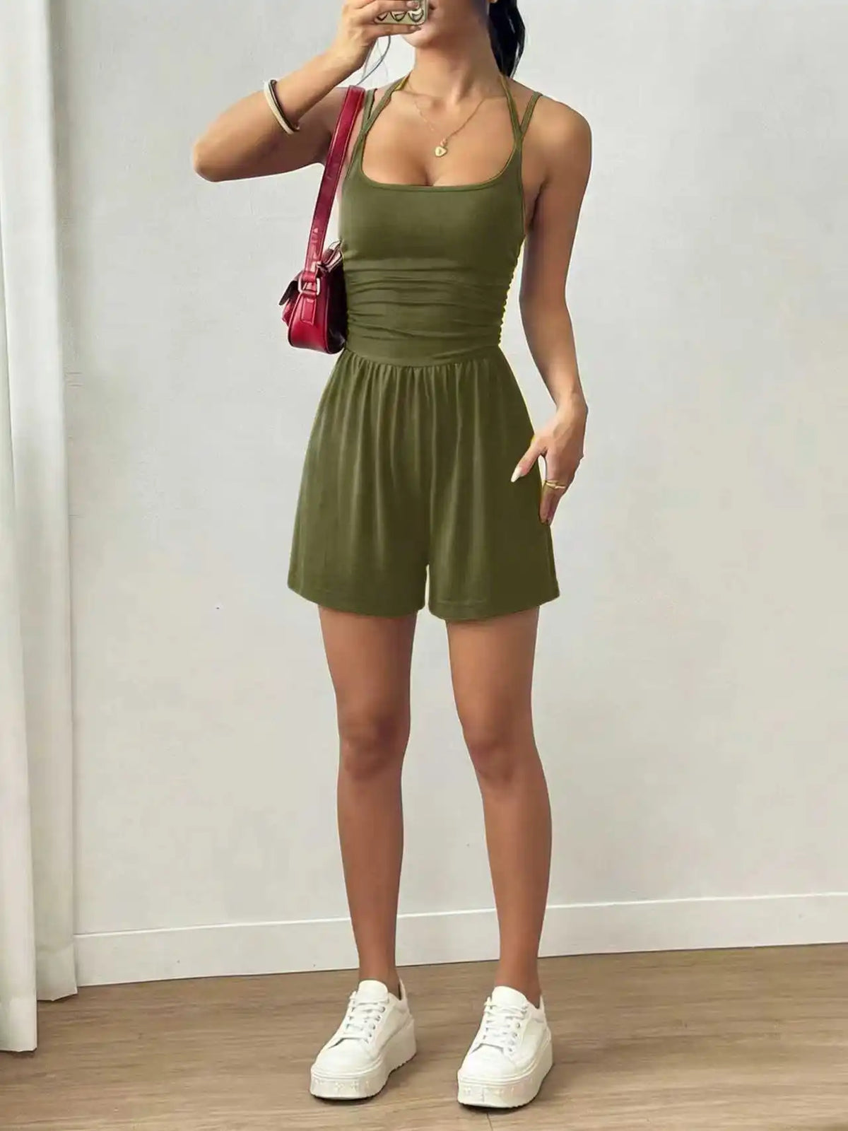 Damen Sommer Schwarz Lässiger Plissierter Lockerer Gerader Jumpsuit Ärmellos Hohe Taille Rückenfreier Overall Einfacher Trägeroverall