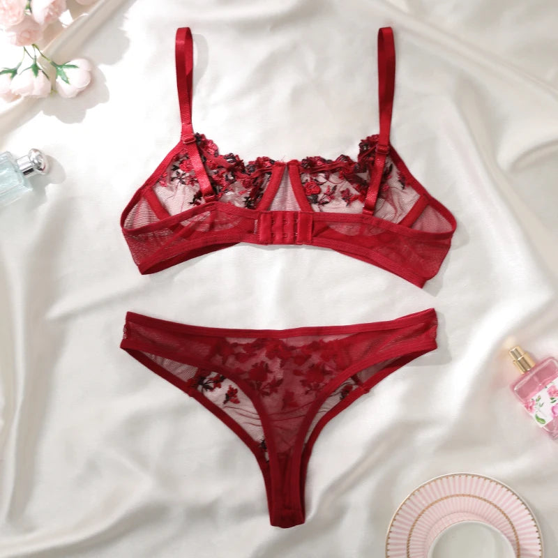 Weinrote transparente Dessous Stickerei Blümchen zweiteilige Frau Push-Up lüften Unterwäsche G-String Sexy BH Set erotisches Kostüm