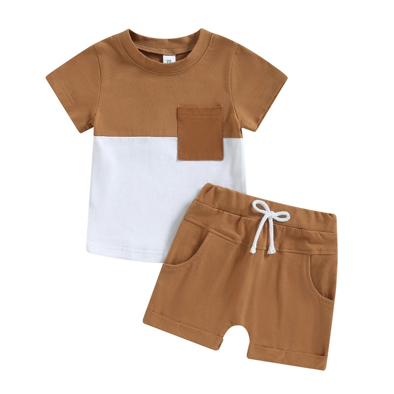 Kleinkind Kleinkind Baby Jungen Sommer Kleidung Sets Kurzarm Kontrast Farbe Tops + Einfarbig Kordelzug Shorts 2 stücke Outfit