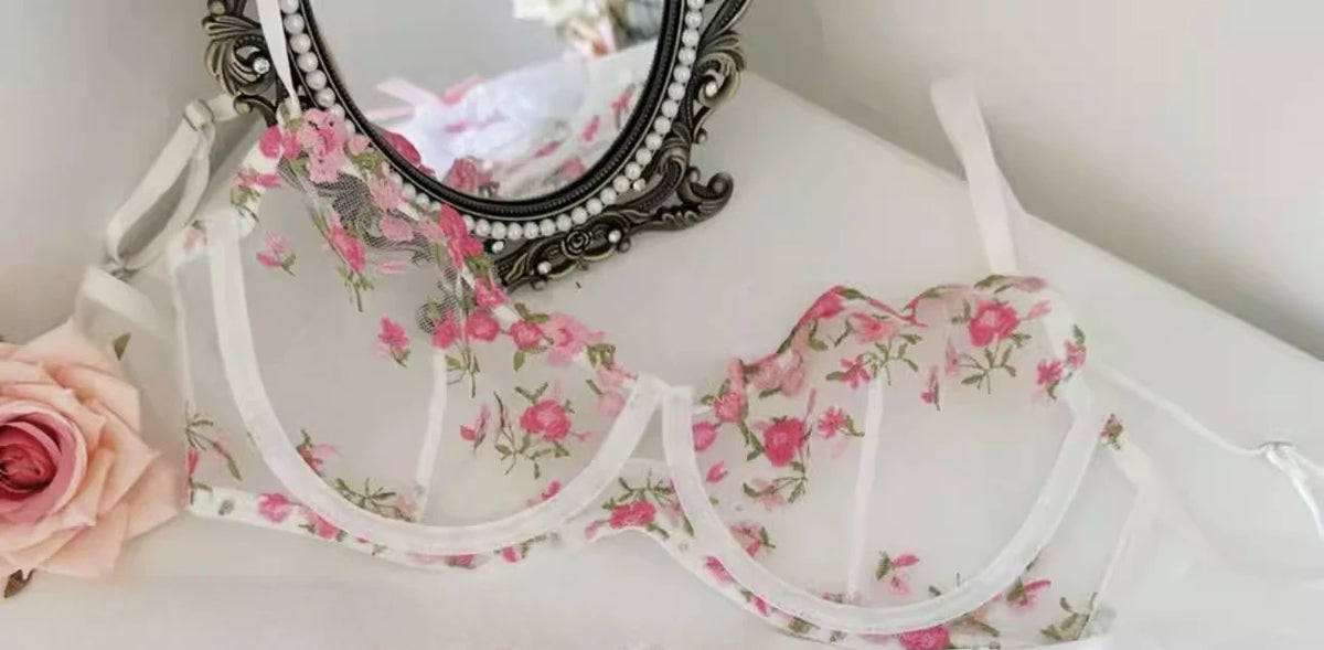 Französisches Blumen-BH-Set für Damen |   Süßes sexy transparentes Mesh-Spitze-Set, transparentes Unterwäsche-Set |   Praktisches und feminines MOYISU Sexy Höschen-Set