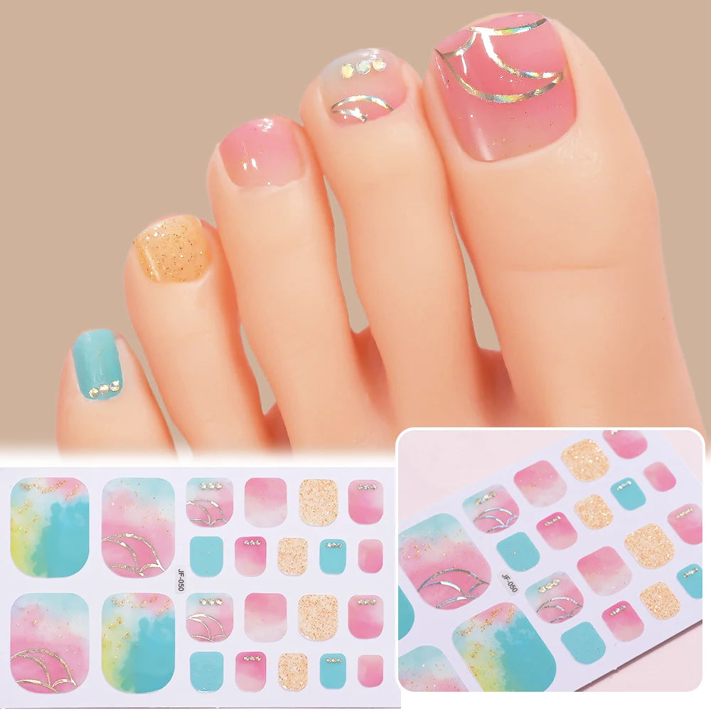 22 Tipps goldene Glitzer-Nagelaufkleber für Füße, 5 Farben, 11 Größen, vollständige Abdeckung, Fußkunst-Aufkleber, einfach zu erreichen, Zehen-Maniküre-Dekoration