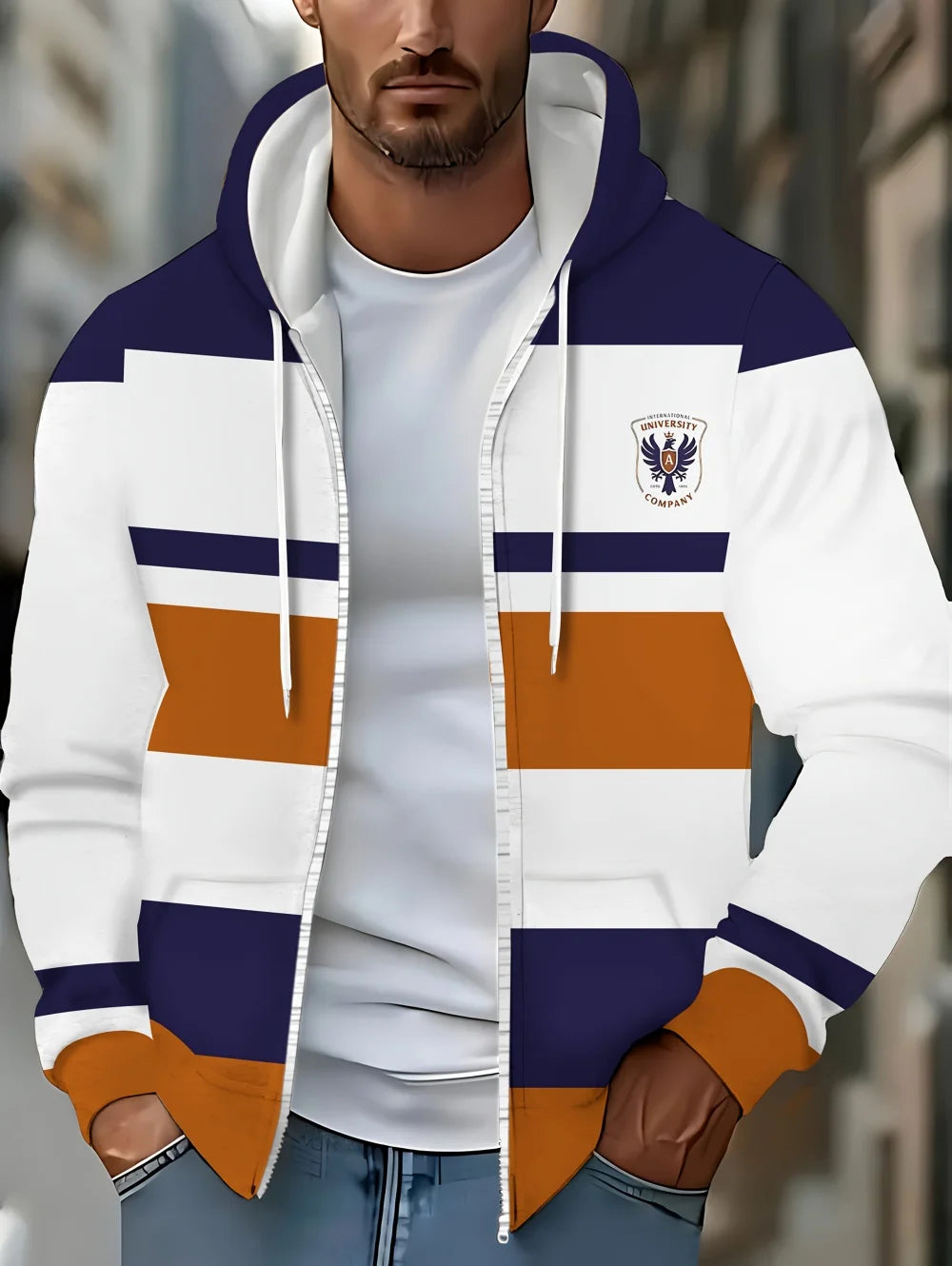 Lässiges, gestreiftes Herren-Sweatshirt mit Kapuze und durchgehendem Reißverschluss, Outdoor-Kleidung, glatte Kapuzentaschen mit Kordelzug, einfache gestreifte Sportbekleidung für Herren