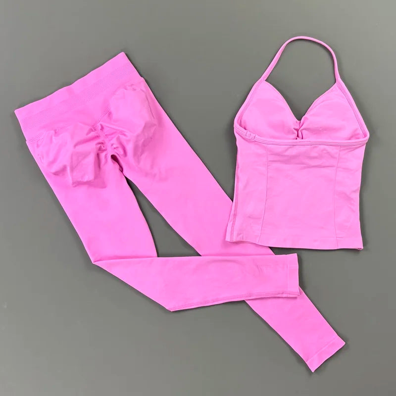 HISTELLO Gym-Leggings-Set, 2-teilig, für Damen, Yoga, lang, mit Trägern, nahtlos, Fitness-Kleidung, Laufen, Workout, Sport-Tops, Outfit
