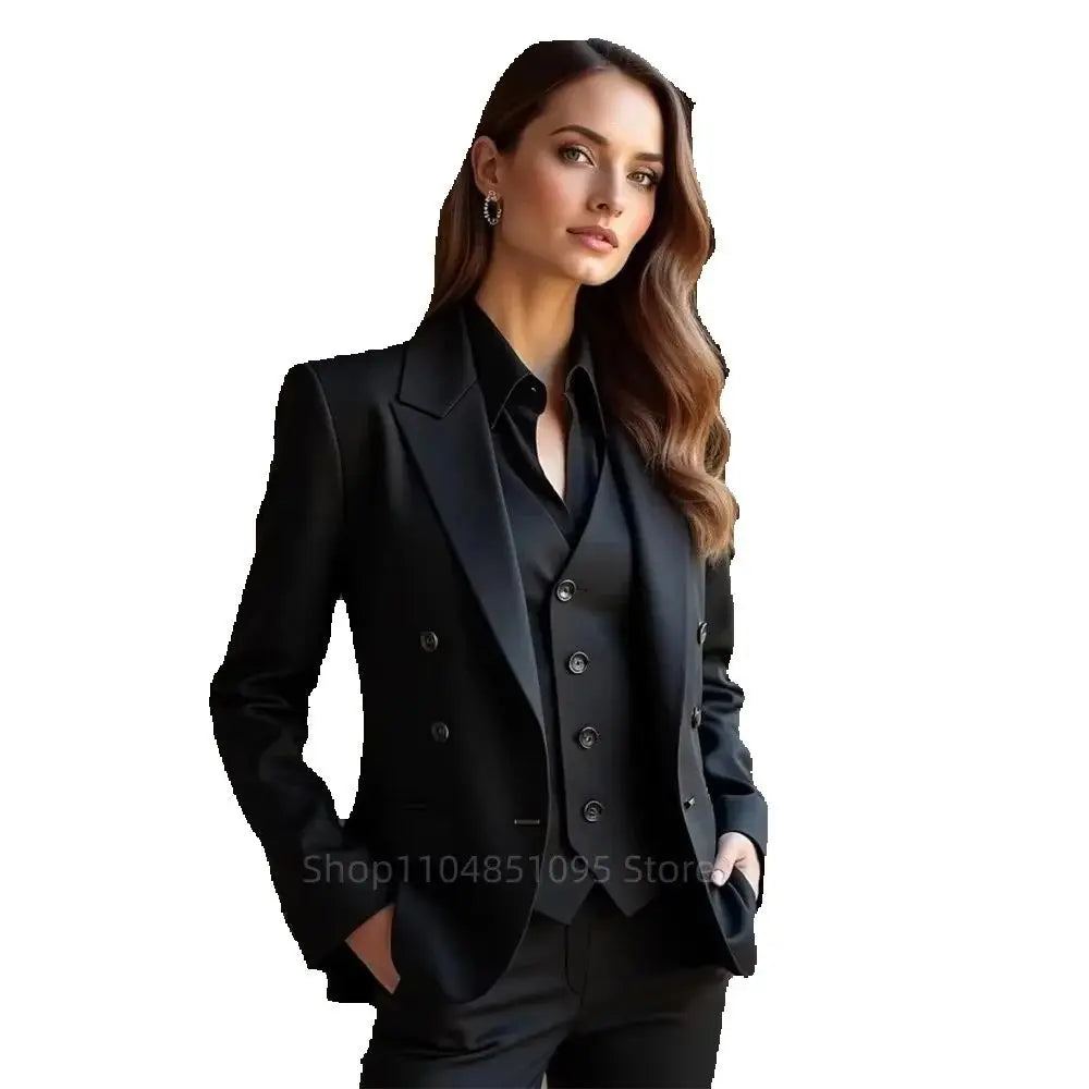 Klassischer Schwarzer 3-Teiliger Damenanzug Doppelreihiger Blazer Weste Hosen Set Modisches Formelles Party Büro Casual Outfit Damenanzüge