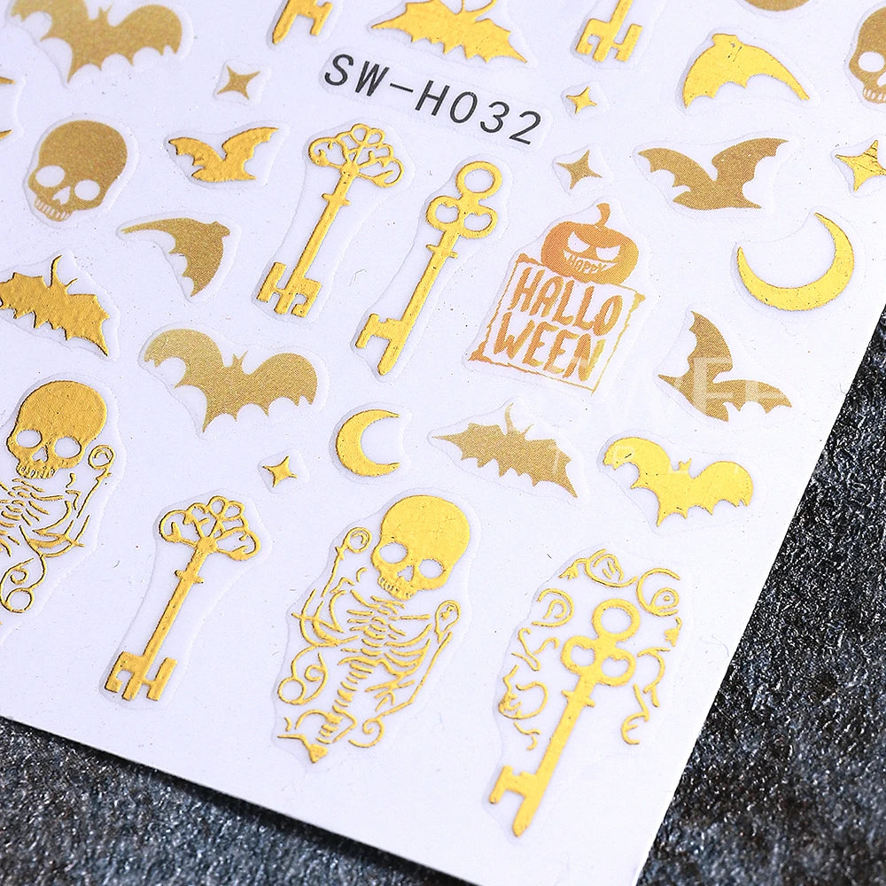 3 Stück Halloween Nagelaufkleber Goldenes Skelett Kürbis Fledermaus Schlüssel Nagelaufkleber y2k Stern Punk Gothic Nagelzubehör Maniküre Dekoration