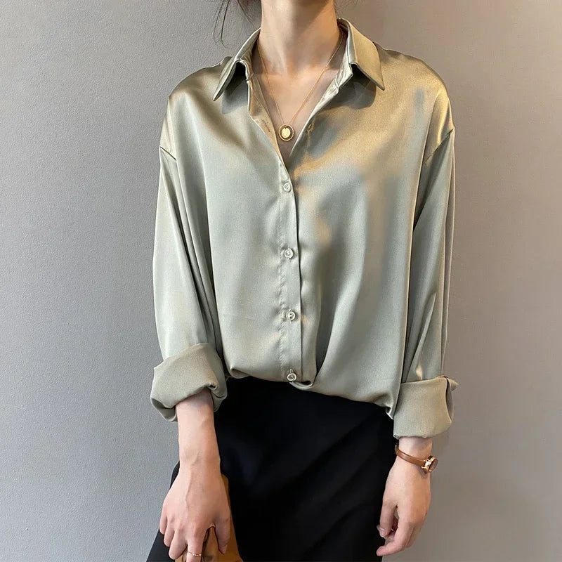 2026 frühling drehen-unten Kragen Damen Bluse Elegante Satin Lose Frauen Hemd Herbst Vintage Casual Taste Seide Tops