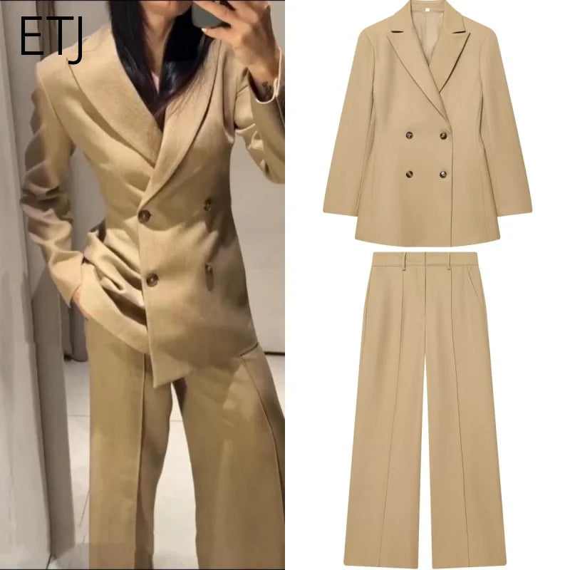 ETJ Damen Zweireihiger Anzug Set Übergroßer Blazer Weite Hose Business Casual Büro Arbeit Mode 2026