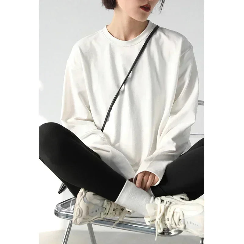 CHIC VEN Frühling Herbst frauen Einfarbig Lose Lange Hülse T-shirt Oansatz Grundlegende Top Mit Flachem Boden Hemd Casual T-shirt Frau Weibliche
