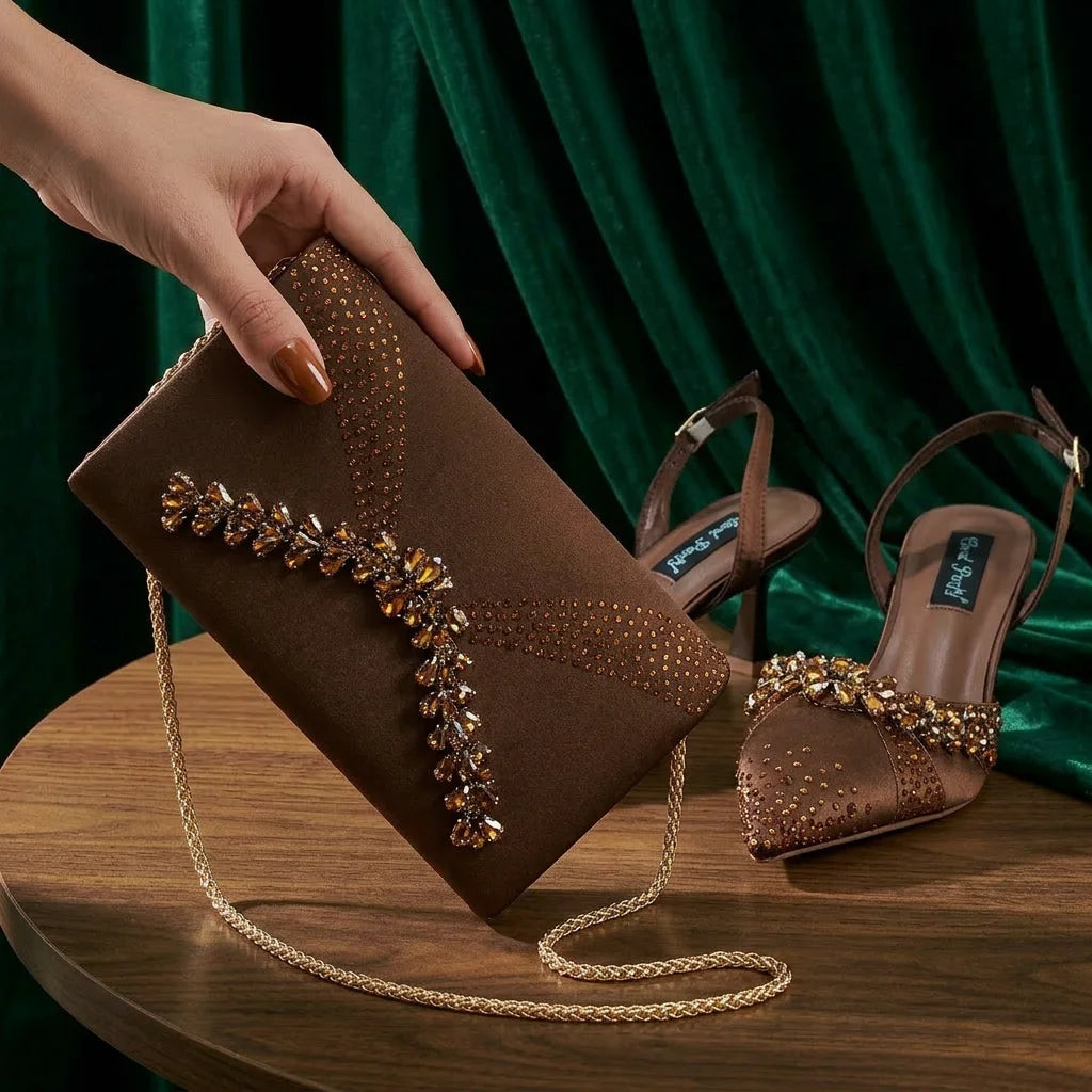 2026 Italienisch Inspirierte Kaffeefarbene Spitze High Heels mit Passender Handtasche SET KOMFORT INKLUSIVE Elegante Hochzeits- und Partyschuhe für Damen
