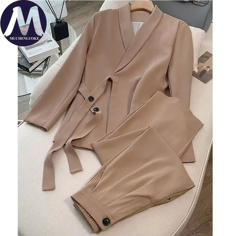 Damen Koreanische Mode Langarm-Blazer und Weite Hosen Zweiteiler Set Büro Casual Locker Sitzende Frühling Herbst Anzüge