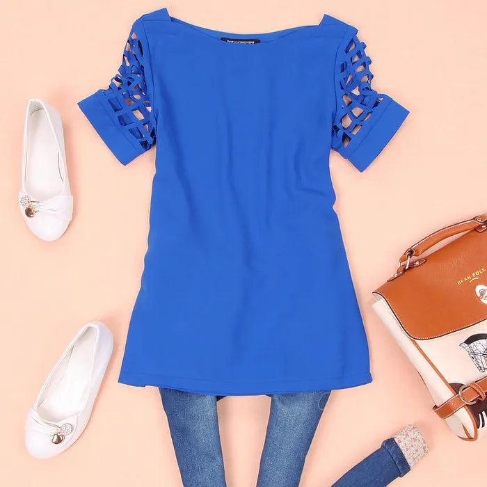 Sommer Bluse Sexy Frauen Damen Hohl Hülse Slash Neck Lose Solide Shirts Casual Tops