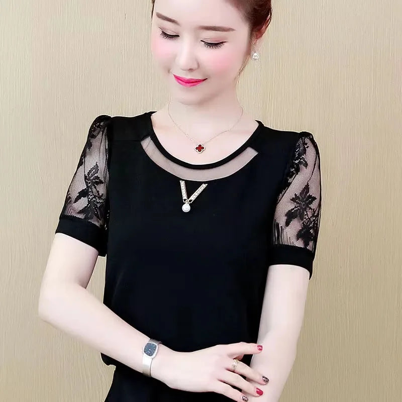 Damen Frühling Sommer Stil Chiffon Blusen Hemden Lady Casual Spitze Kurzarm O-Ausschnitt Blusas Tops