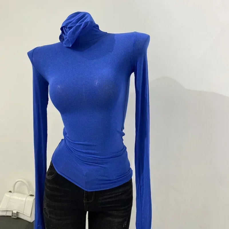 Rollkragen Slim Fit Hochwertiges Einfarbiges T-Shirt für Damen Baumwolle Elastisch Basic Damen-Oberteil Langarm Sexy Dünnes T-Shirt Transparent