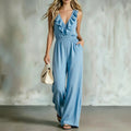 Damen Casual Weites Bein Jumpsuit Ärmellos V-Ausschnitt Rüschen Lange Hose Romper Elastische Taille Sommer Streetwear Einteiler Jumpsuits