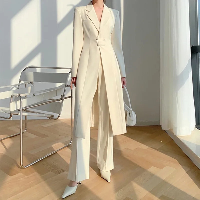Frühling Neuankömmling koreanisches Design Langarm anzüge für Frauen neue chinesische Platte Schnalle lange Blazer Hosen Blazer Sets y3944