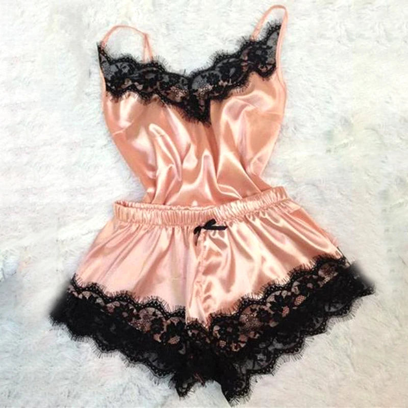 Mode Nachtwäsche Spitzen besatz Satin Cami Top Pyjama Sets sexy heiße erotische Home Wear Frauen Pyjamas Frauen Nachtwäsche ärmellosen Riemen