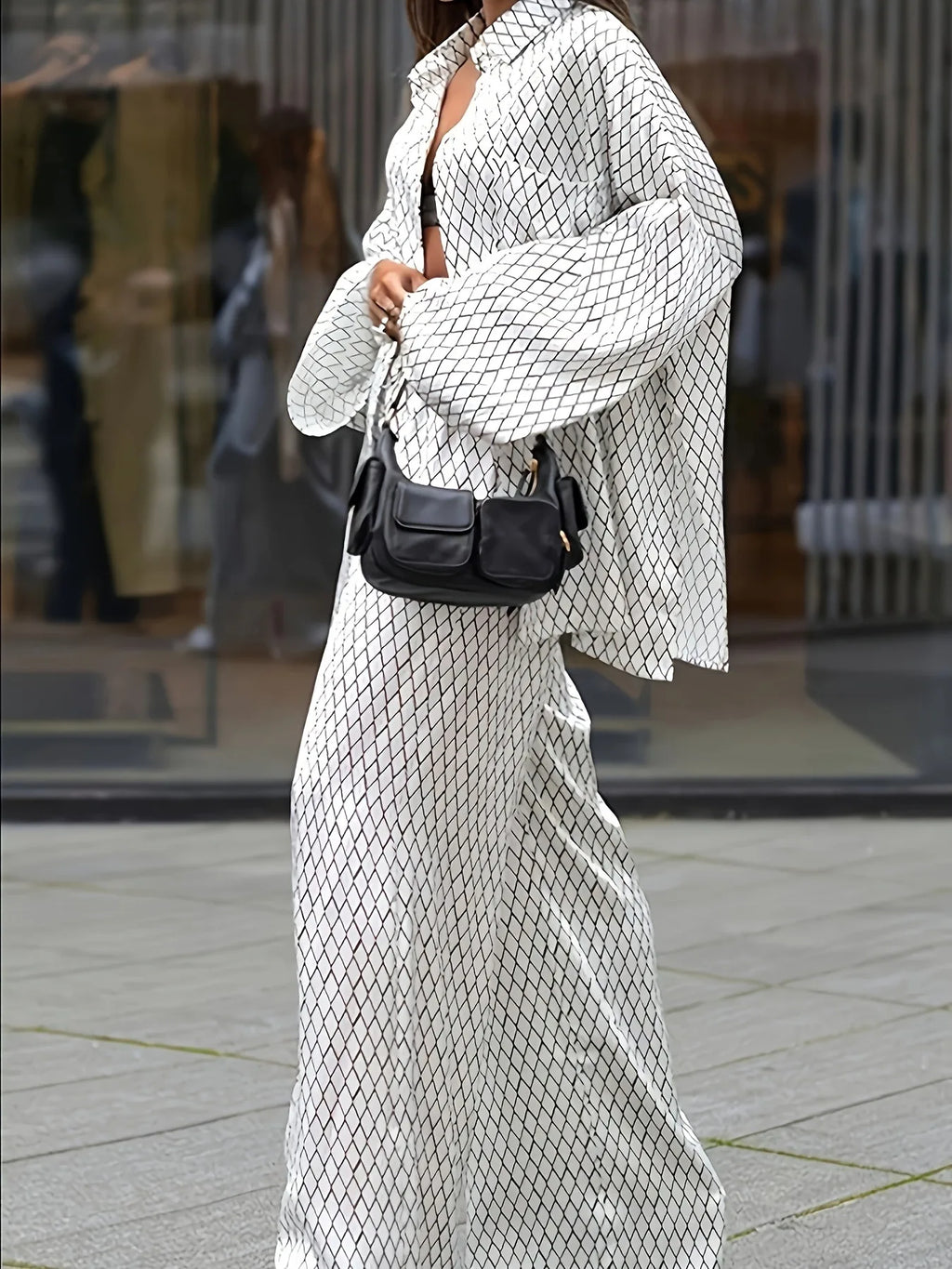 Neues Damen-Set mit geometrischem Print: Bluse & Lange Hose, Langarm, Locker & Bequem, 2-teiliges Set, Elegante Mode für den Arbeitsweg