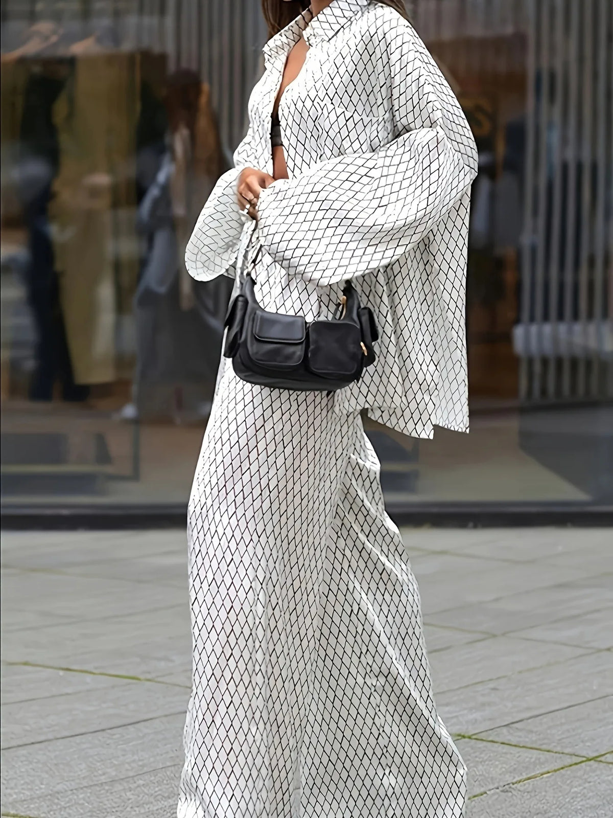 Neues Damen-Set mit geometrischem Print: Bluse & Lange Hose, Langarm, Locker & Bequem, 2-teiliges Set, Elegante Mode für den Arbeitsweg