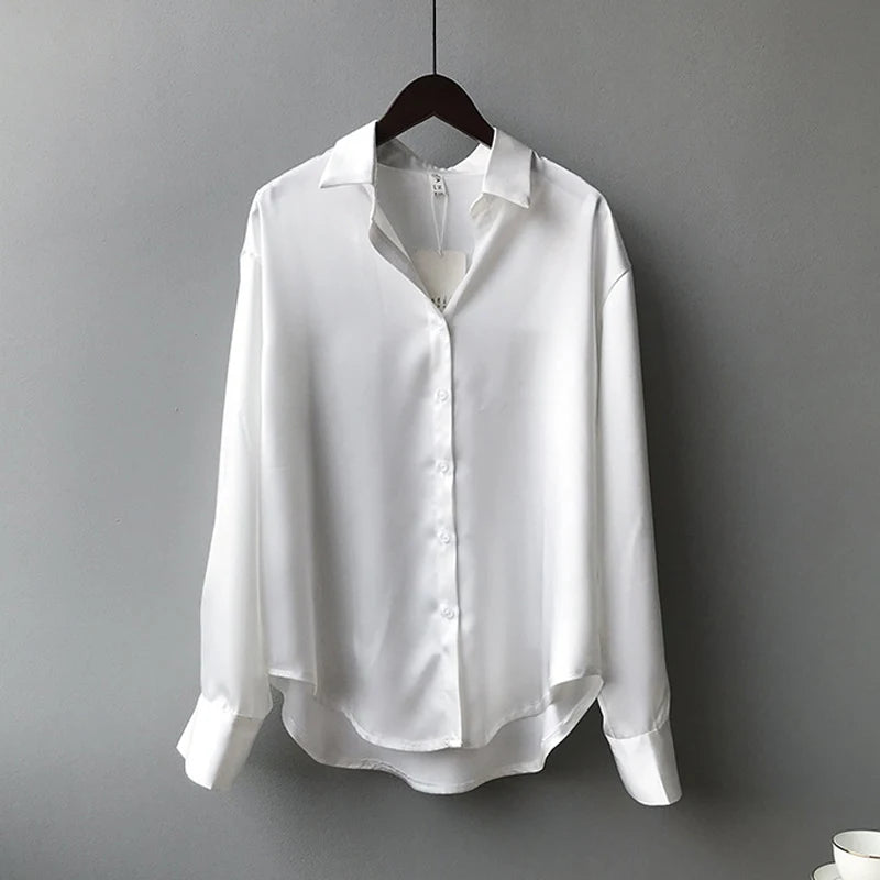 2026 Elegante Satin-Bluse für Damen, Frühling/Herbst, mit Umlegekragen, Vintage-Stil, lässige Seidenbluse mit Knöpfen