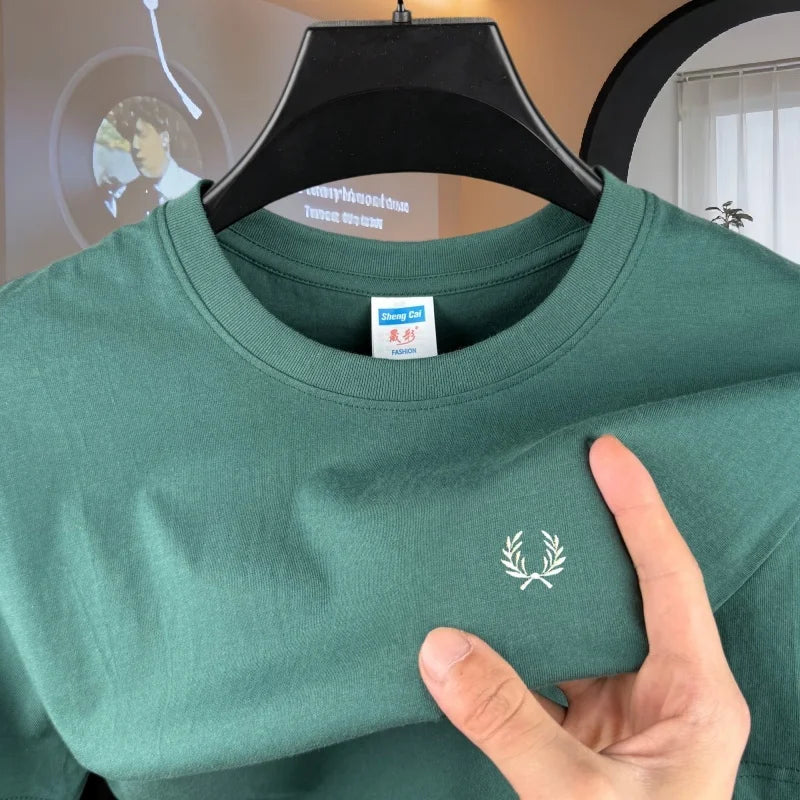 100% reine Baumwolle, hochwertiges Marken-Herren-T-Shirt mit Rundhalsausschnitt und kurzen Ärmeln, Sommermode, luxuriöses Weizen-Stickerei-Design, lässiges T-Shirt