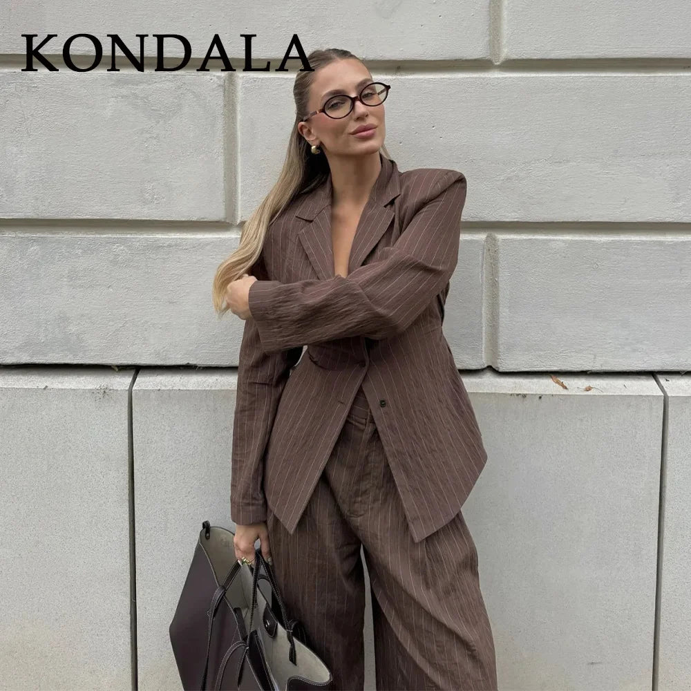 KONDALA 2026 Frühling Gestreifte Bürodamen-Anzüge Modische Elegante Braune Gürtel Lose Einreihige Blazer Schicke Weite Hosen