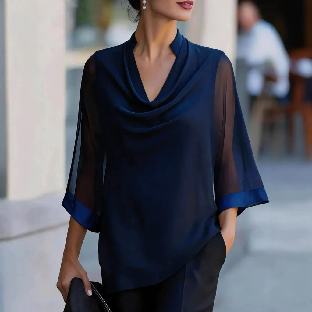 Dreiviertel-Ärmel Transparente Satin-Bluse Locker Geschnittener Asymmetrischer Saum Elegante Bürokleidung Damen Freizeithemd