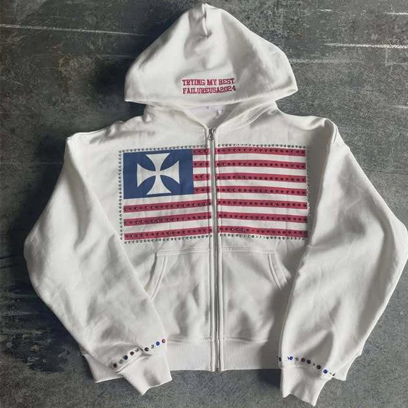 Y2K Europäische Amerikanische Mode Flagge Gedruckt Ästhetik Lange Sleeve Zipper Farbe Strass Top Lose Casual Design Frauen Hoodie