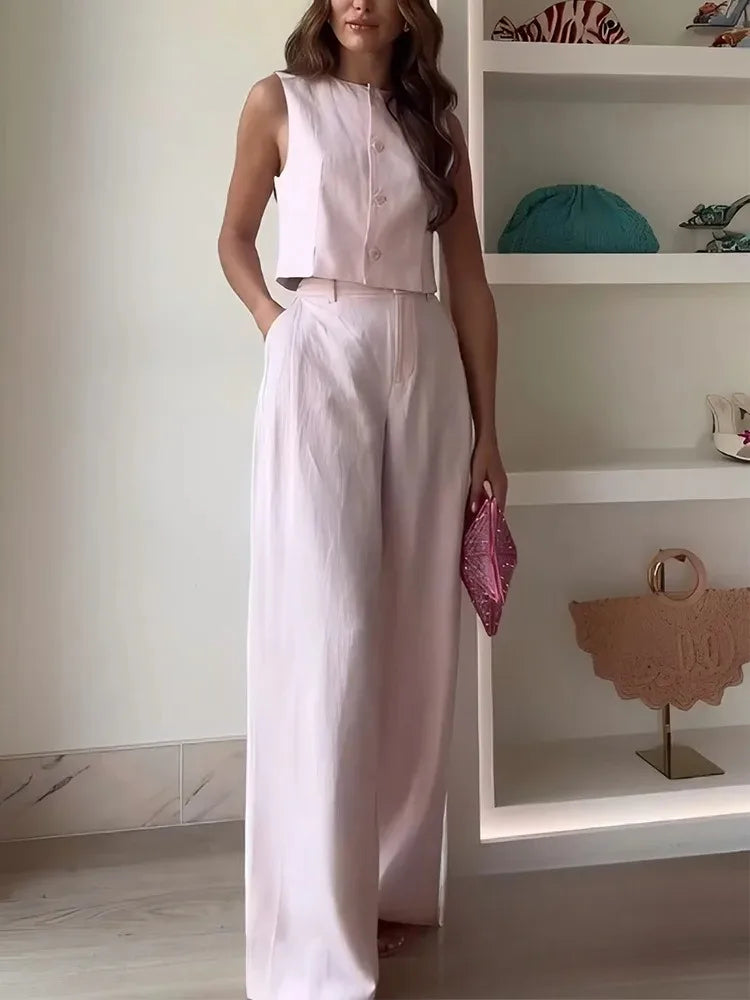 KONDALA Casual Büro Dame Chic Rosa Frauen Anzug Solide Oansatz Tasten Weste Gerade Lose Hosen Mode 2025, Frühling Sommer Set