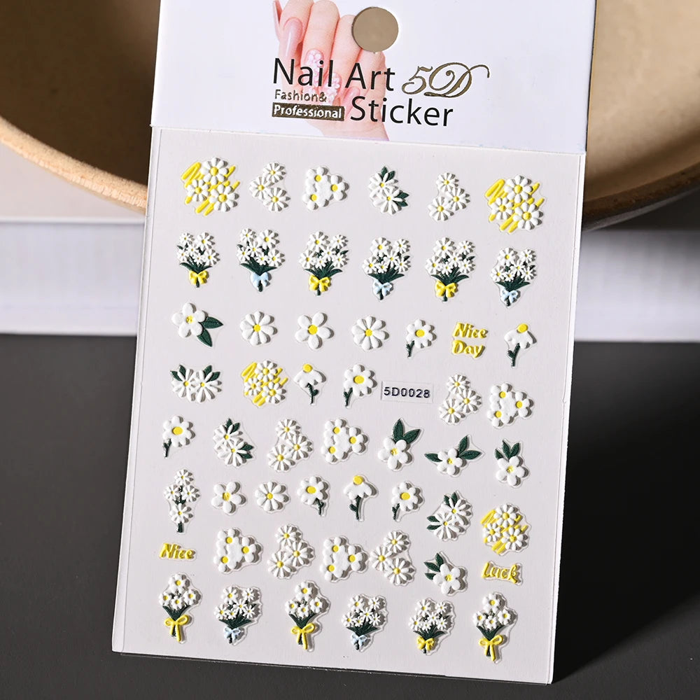 1Pc 5D Geprägte Kawaii Floral Schmetterling Nagel Aufkleber 3D Cartoon Bogen Kaninchen Erdbeere Klebe Aufkleber Urlaub Nagel Sliders