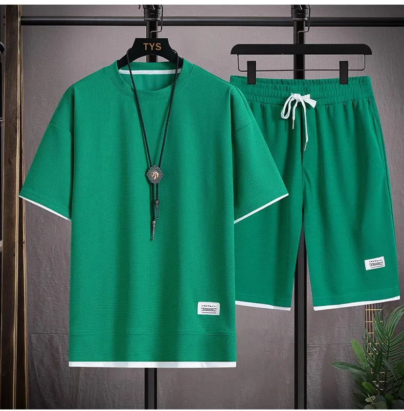Waffel Herren Sommer Kurzarm und Shorts zweiteilige Sets Sport Casual Trainings anzug Männer bequeme coole Shorts übergroße Set