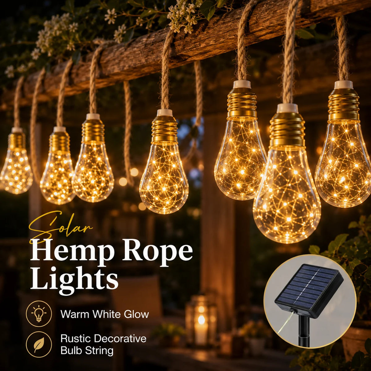 Solar-Lichterkette mit Hanfseil und Edison-Glühbirnen, Solarbetrieben, 8/16/24 Glühbirnen, Warmweiß für Garten, Terrasse, Hochzeit, Weihnachtsdekoration