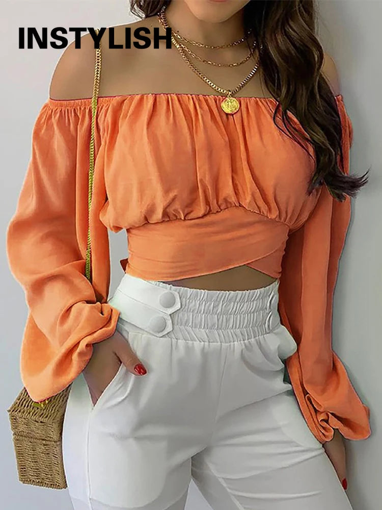 Frauen Elegante Boho Print Bluse Casual Lange Laterne Hülse Off Schulter Dünnes Hemd Weibliche Chic Gestellte Top Sommer Tuniken