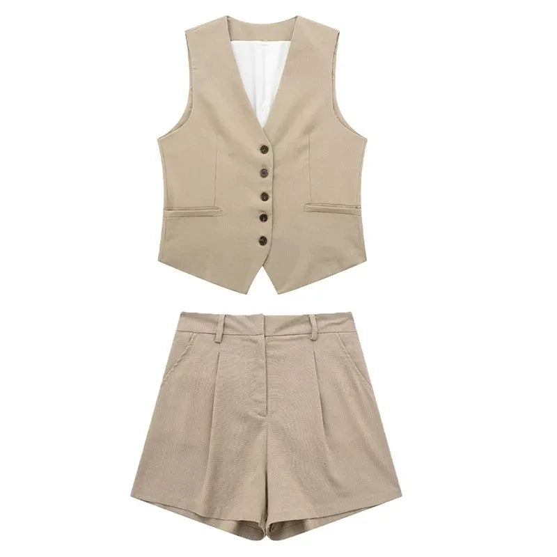 HH 2024 Frauen Mode Rote Weste Shorts Sets Einreiher V-ausschnitt Westen Tops Zipper Fly Hose Frau Sommer Casual solide Anzug