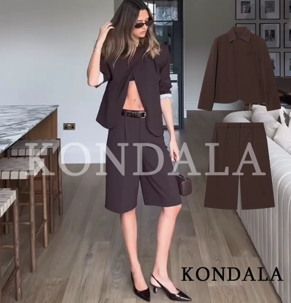 KONDALA Trendiges Pendler-Blazer-Shorts-Set für Damen Eleganter Brauner Blazer, Cropped-Hose 2026 Frühling Sommer Schickes High-Street-Hosen-Set