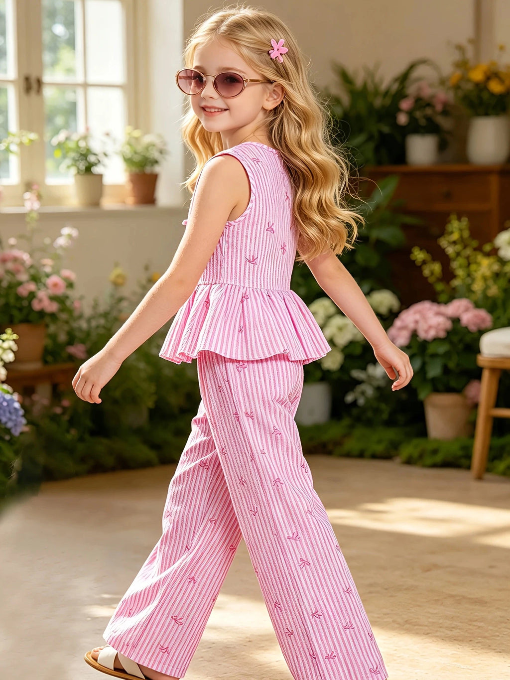 2-teiliges Sommer-Outfit-Set für Kinder und Mädchen, rosa, gestreift, mit Schleifenmuster, ärmelloses Peplum-Oberteil mit Bindedetail vorne und elastischer hoher Taille