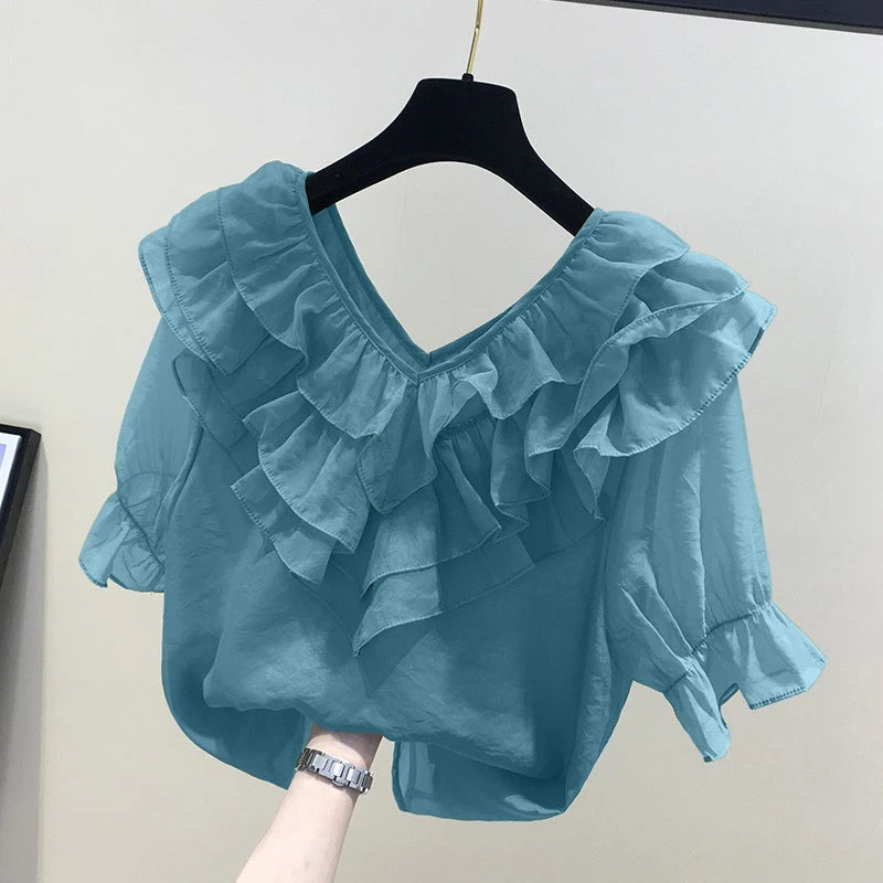 ZANZEA Frauen Feste Rüschen Bluse Vintage 3/4 Ärmel V-ausschnitt Chemise 2024 Sommer Büro Chiffon Shirts Casual Lose Nähte Tops
